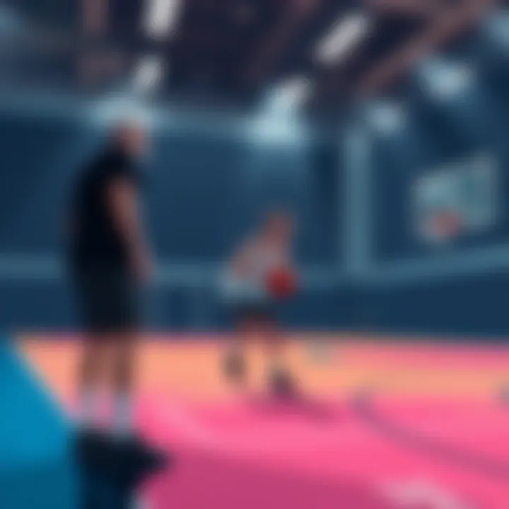 A player working on basketball skills with a coach in a gym