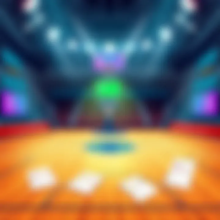 Illustration of a basketball court with betting slips and player stats