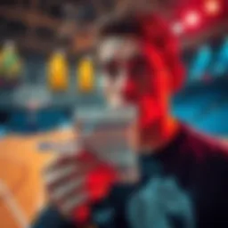 A person looking confused while holding a betting slip for a basketball game, with a basketball court in the background.