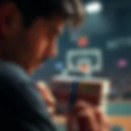 A person contemplating a basketball bet, with a focus on a Spurs logo and a stack of euros, symbolizing a bet of 10,000 euros.