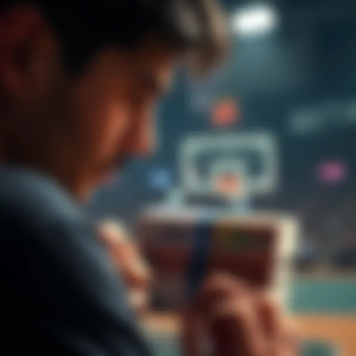 A person contemplating a basketball bet, with a focus on a Spurs logo and a stack of euros, symbolizing a bet of 10,000 euros.