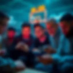 A group of basketball fans analyzing betting strategies on their mobile devices