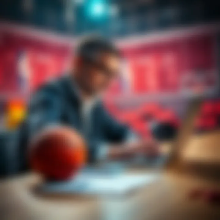 A basketball coach analyzing game statistics and betting odds on a laptop, with a basketball and notes on the table.