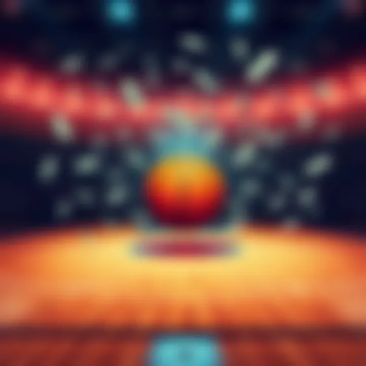 A basketball court with money symbols around it, representing a betting strategy for March Madness