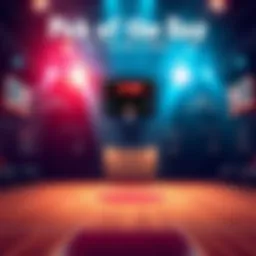 Illustration of a basketball court with betting odds and statistics displayed on a scoreboard