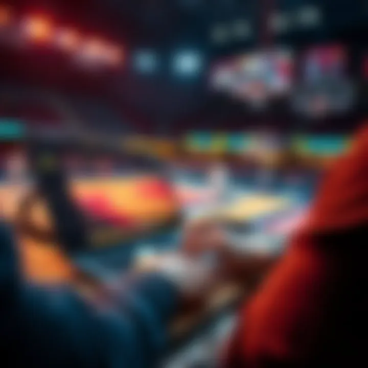 A person placing a bet on a basketball game with a laptop and betting slips visible.