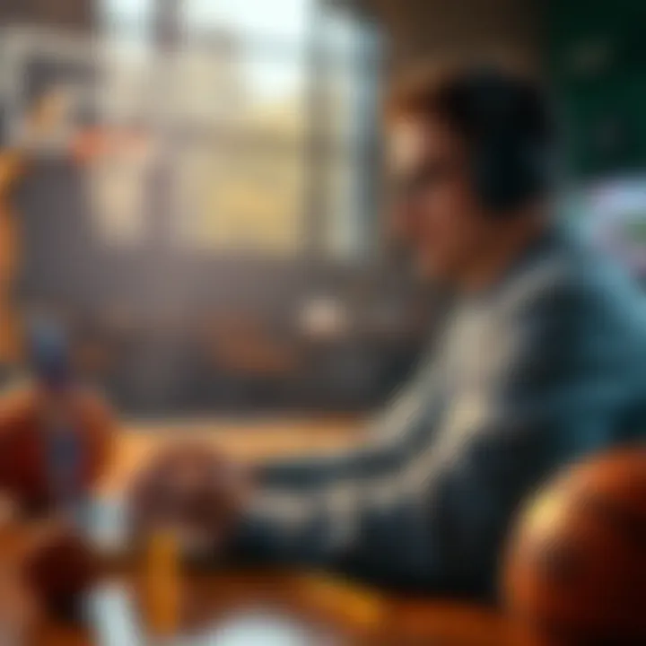 A person analyzing NBA stats and placing bets on a laptop with basketball elements around