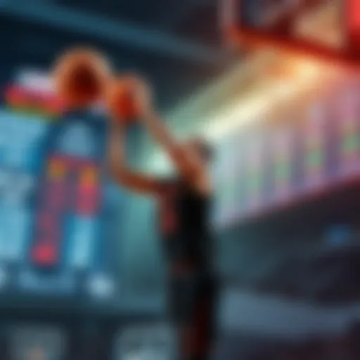 A basketball player making a strategic shot during a game while odds and stats are displayed in the background.