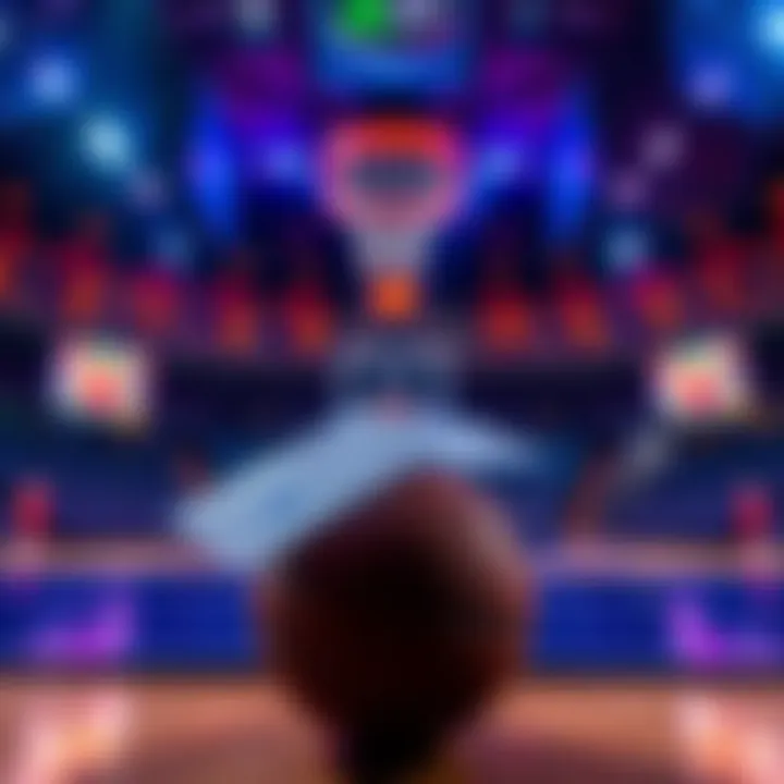 A basketball court with betting slips and odds displayed, highlighting NBA and CBB games