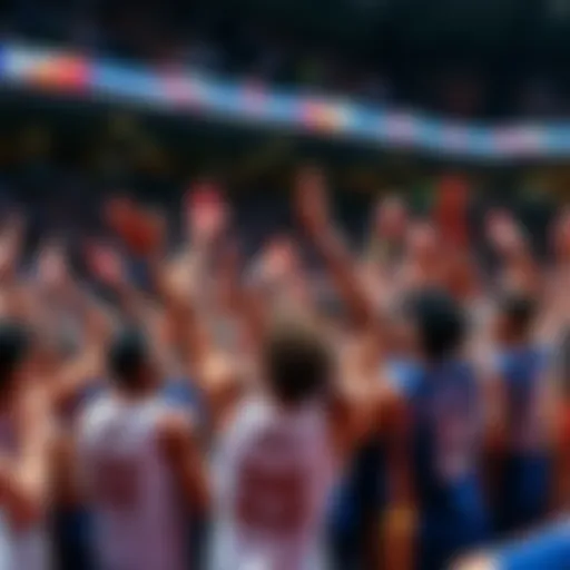 A crowd cheers with excitement at a basketball tournament in 2026, showcasing team jerseys and vibrant energy.