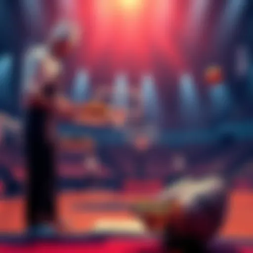 A basketball court with a chef preparing food at the sidelines, combining sports and culinary arts.