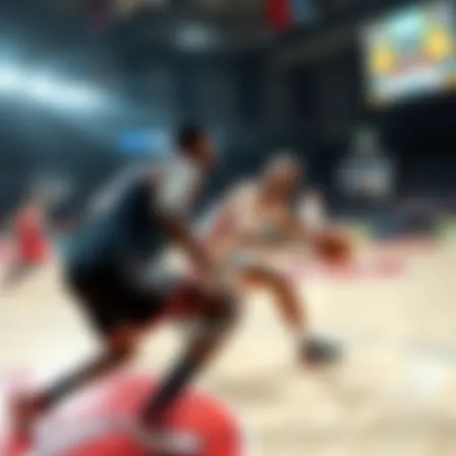 Action on the basketball court featuring two players, Harden and Sam, making a strategic play during a game.