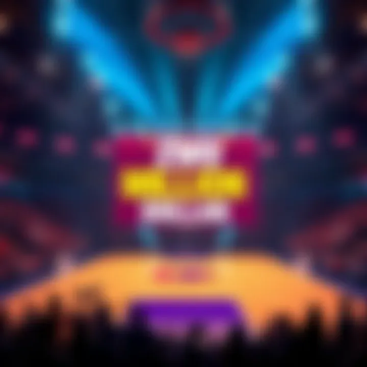 A basketball court showcasing a large sign for a two million dollar prize event, with fans cheering in the background.