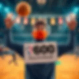 A basketball fan holding a sign celebrating a $600 bonus credit and the return of the NBA, with a basketball court in the background.