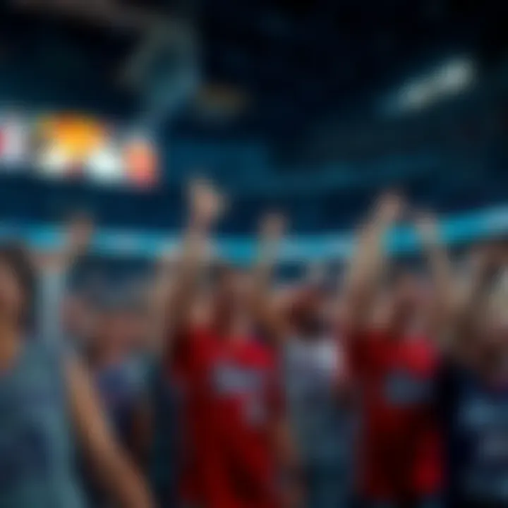 Cheering fans wearing team jerseys in a packed arena, eagerly anticipating the NBA season
