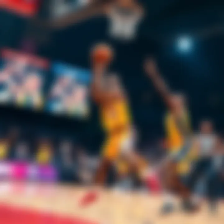 Players from Denver and the Lakers competing in a basketball game with fans cheering in the background.