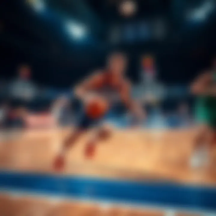 A basketball player dribbles the ball during a game, focused on the court with teammates and opponents visible.