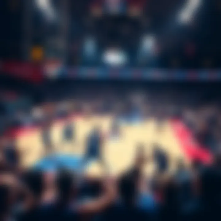 A view of an exciting NBA basketball game with players in action on the court.