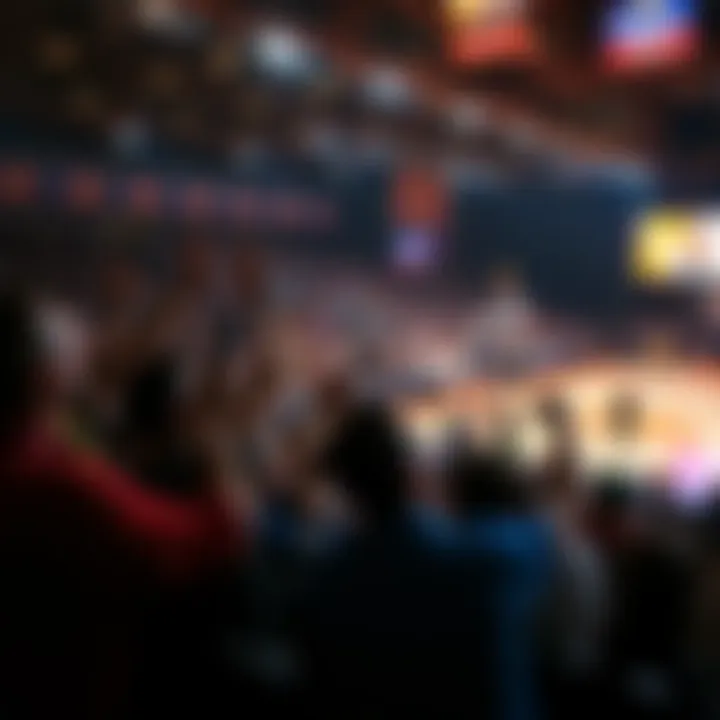 Excited fans cheering at a basketball game with bright lights and players on the court