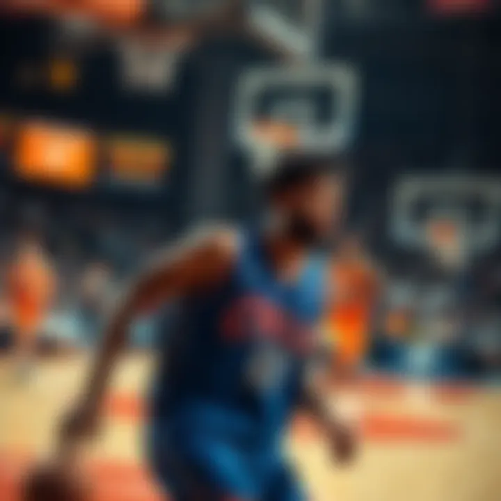 A basketball game in action, showing players on the court with one player, Evan Mobley, highlighted, emphasizing the discussion on gambling risks in sports.