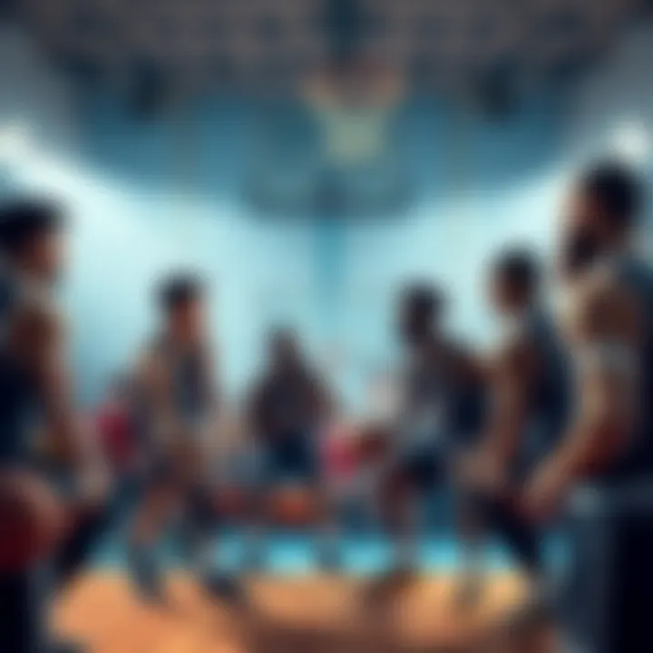 A group of basketball players discussing strategies for an upcoming game, with a basketball court in the background.