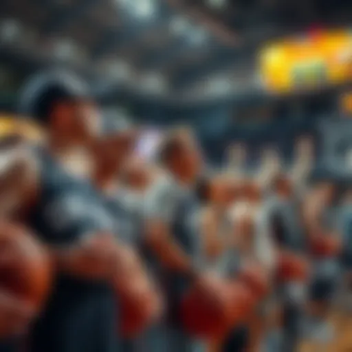 Fans excitedly preparing for a big basketball game with team jerseys and basketballs in hand.