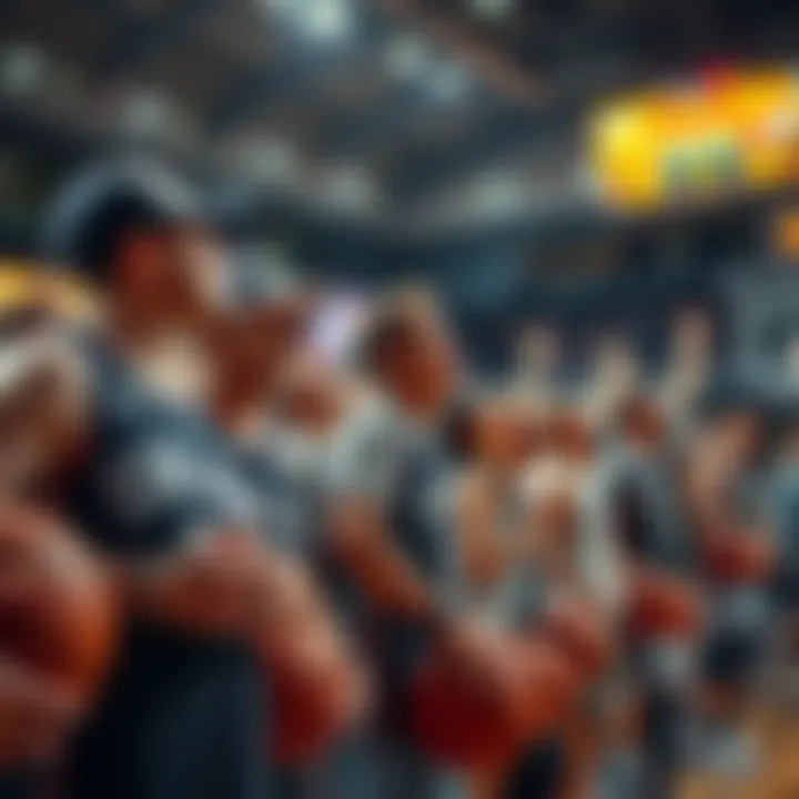 Fans excitedly preparing for a big basketball game with team jerseys and basketballs in hand.