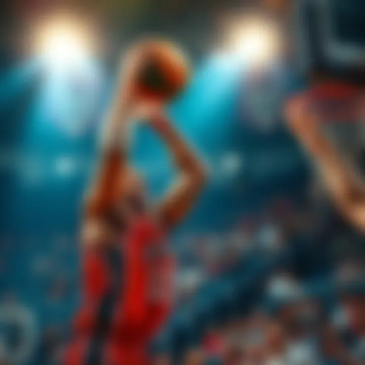 A basketball player making a shot during halftime, fans cheering in the background, symbolizing easy scoring for payouts