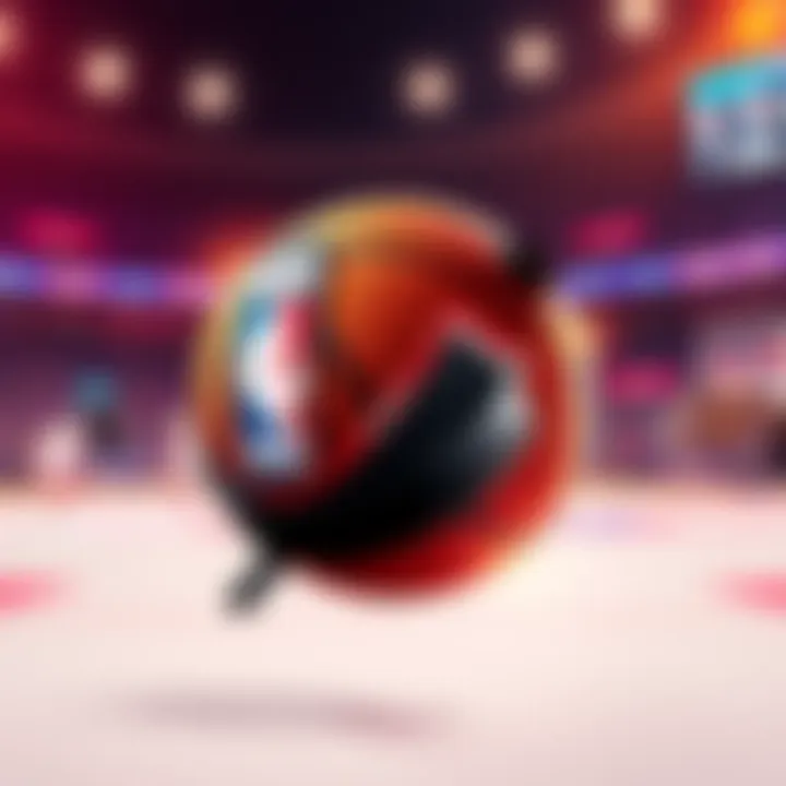 A logo combining elements of basketball and hockey, featuring a basketball and a hockey puck crossed with each other, symbolizing the NBA/NHL Mash Up Lotto.