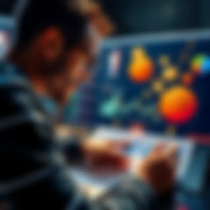 A person analyzing charts and basketball images with money symbols around them, symbolizing investment opportunities before the NBA season.