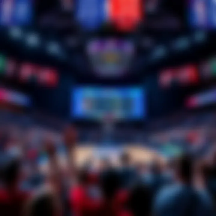 Basketball game with live betting A basketball game in progress with fans cheering and live betting odds displayed on a screen