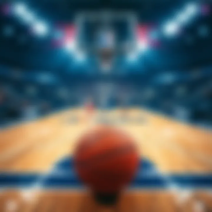 A basketball court with two teams competing during the March Madness tournament, showcasing the excitement of Elite Eight games.