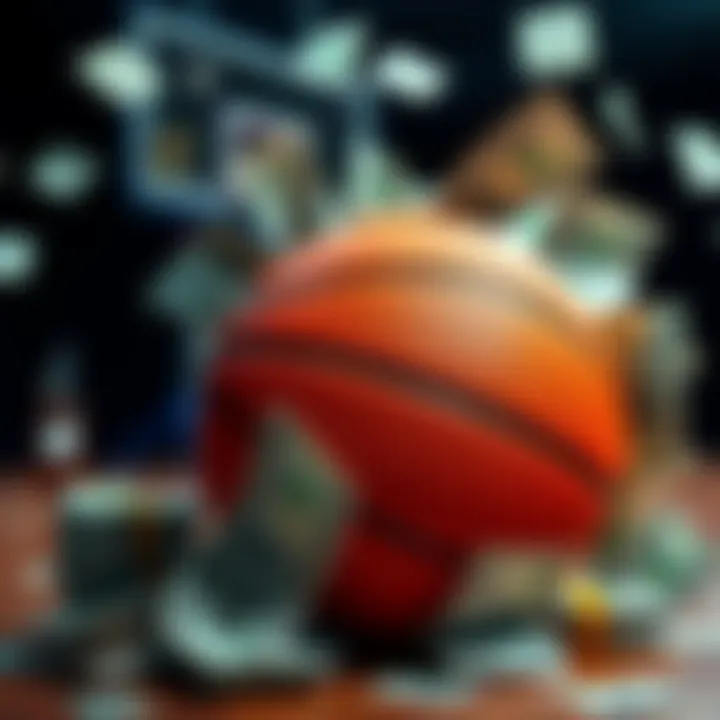A basketball with dollar bills around it, symbolizing sports betting profits.
