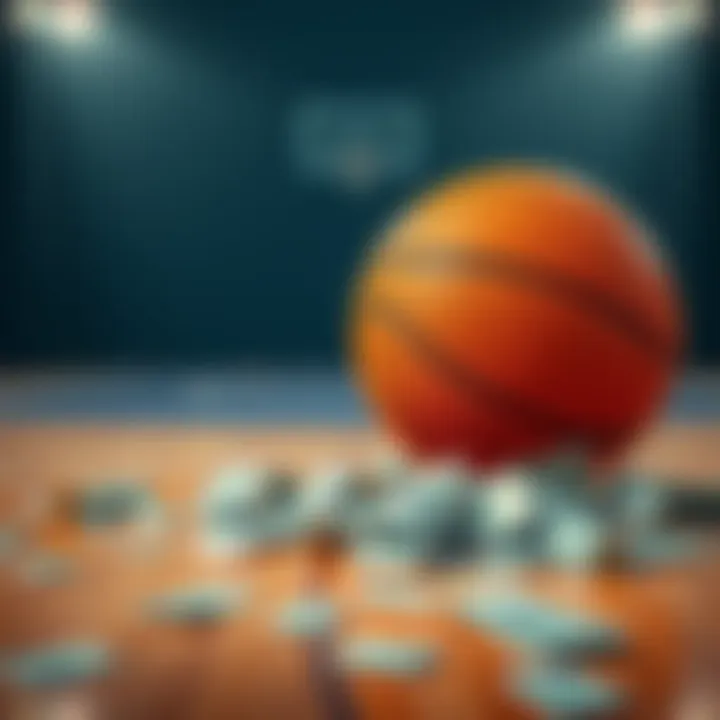 A basketball on a court with dollar bills scattered around it, symbolizing financial success through sports.