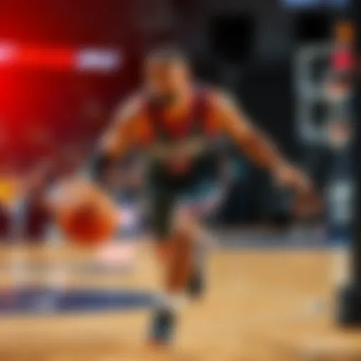 A basketball player dribbling the ball during a game, showing determination and focus.