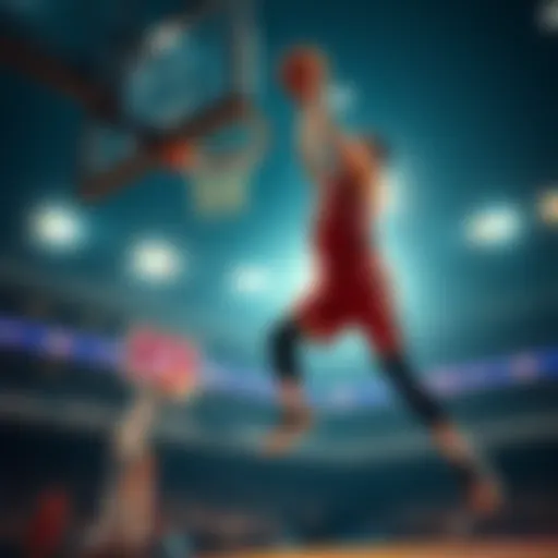 A basketball player performs a layup while jumping towards the hoop