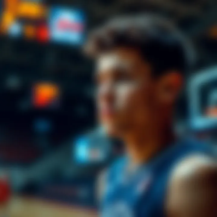 A young basketball player in a team jersey looking focused and determined on the court before the game.