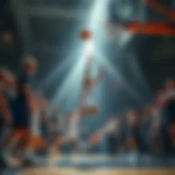 A basketball player jumps for a rebound while fans look on in excitement