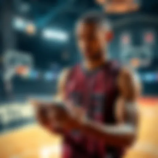 A basketball player looks puzzled while reviewing game statistics on a tablet, showing discrepancies in rebound counts, with a basketball court in the background.