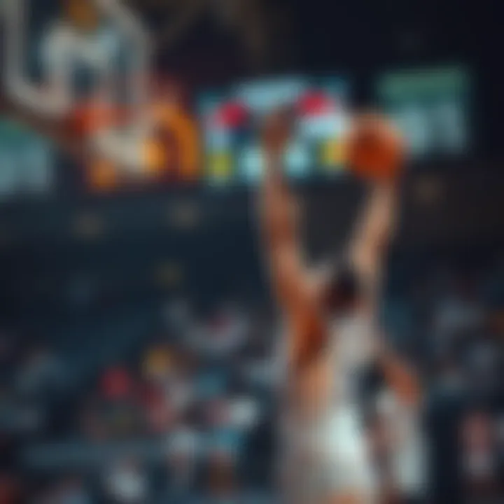 A basketball player takes a shot at the basket during a game, with the scoreboard showing high points and fans cheering in the background.