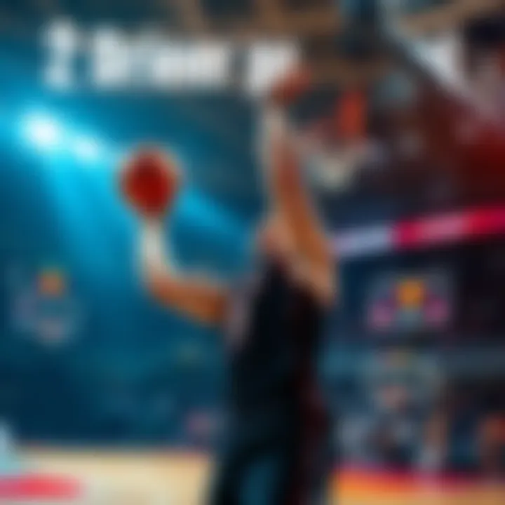 A basketball player makes a three-point shot during a game, showcasing his skill and focus.