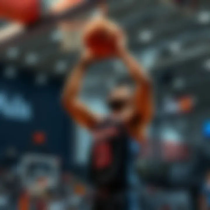 A basketball player taking a shot during a game aiming for a high score