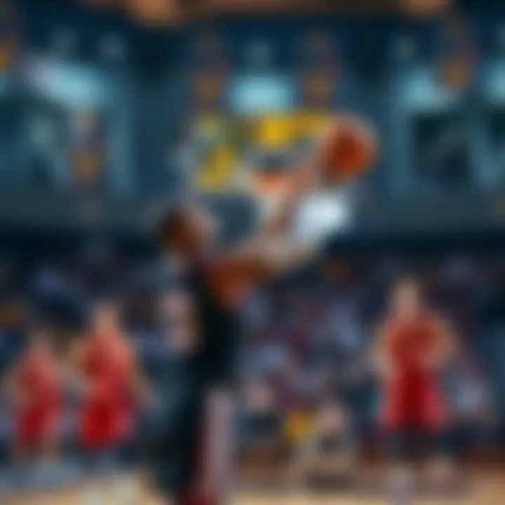 A basketball player takes a shot during the third quarter of a match, with teammates cheering in the background.