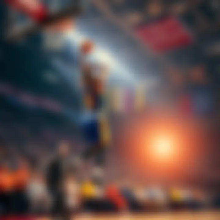 A basketball player in mid-air shooting a 3-point shot during a game, fans watching in the background