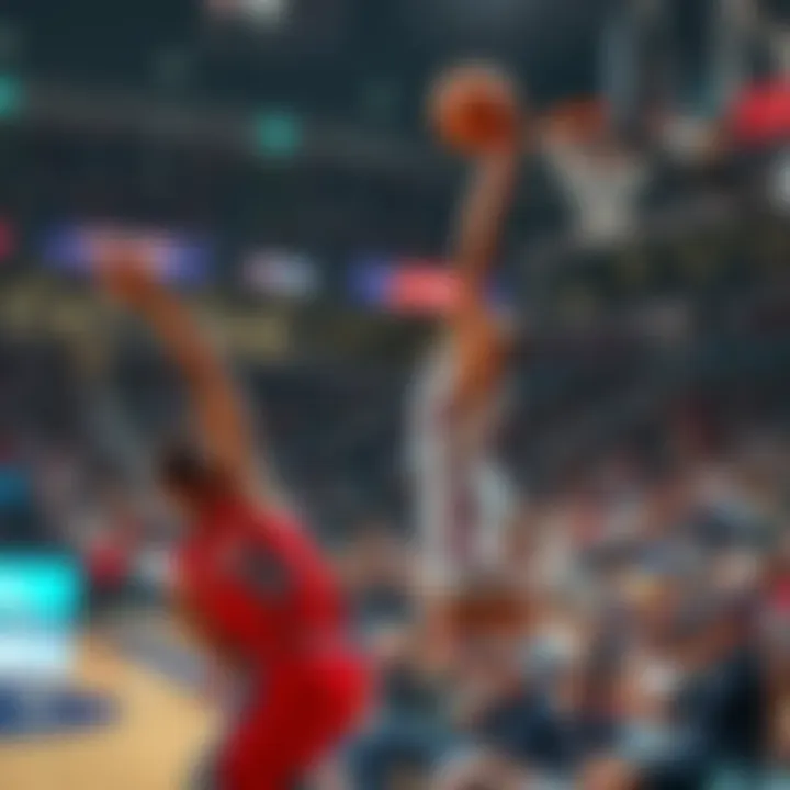 A basketball player takes an unexpected shot during the third quarter, surprising fans in the stands.
