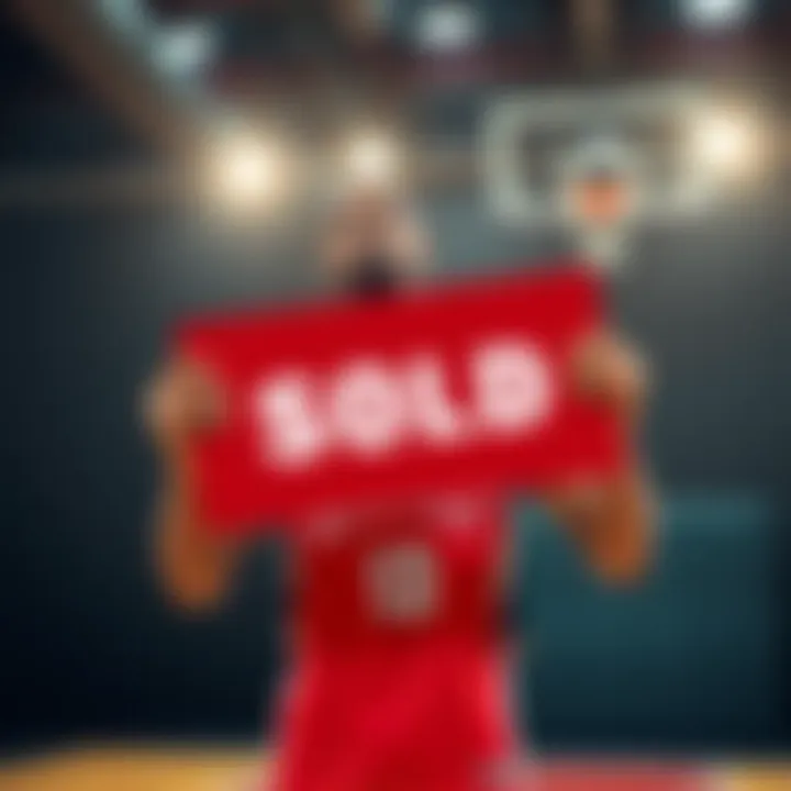 A basketball player holding a sold sign with a focused expression, symbolizing a successful sale.