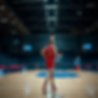 A basketball player warming up on the court before a game, focusing on his skills and performance