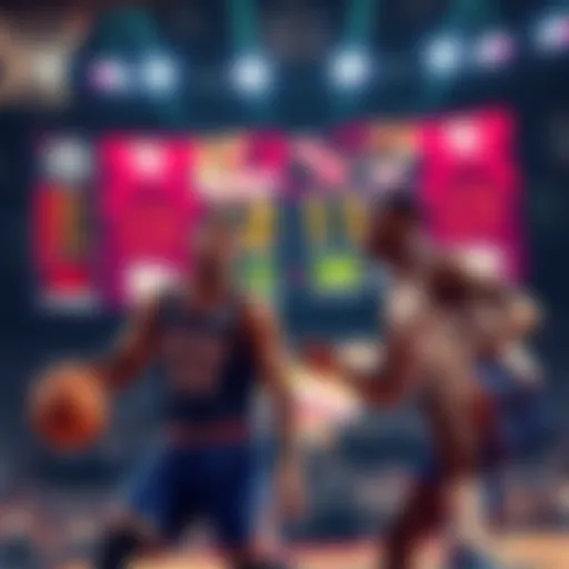 Two basketball players competing in a game with a large digital scoreboard in the background showing NFS 21+ updates.