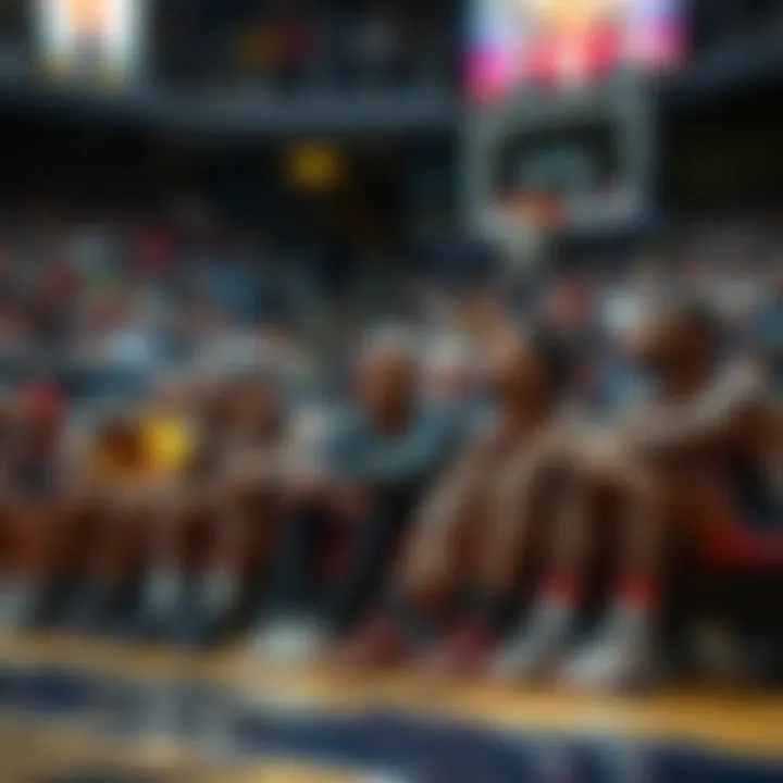 A group of basketball players sitting on the bench, looking frustrated during a game, with fans in the background looking disappointed.