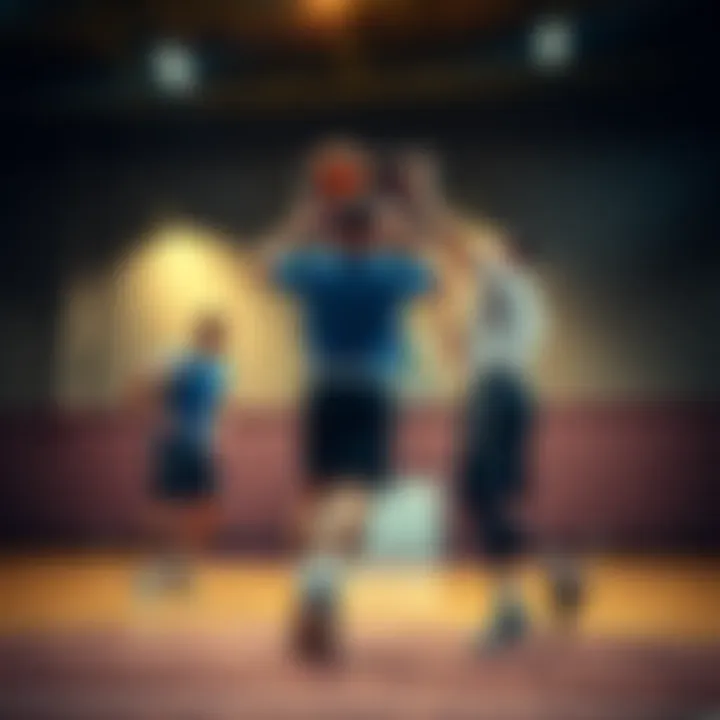 Two basketball players practicing basic strategies on a court during training